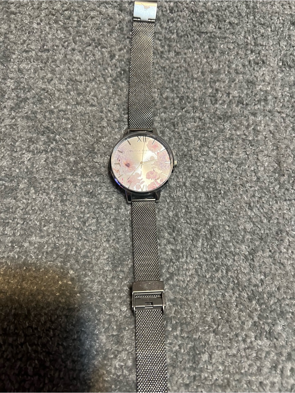OLIVIA BURTON Silver Mesh Watch with Pink Floral Dial